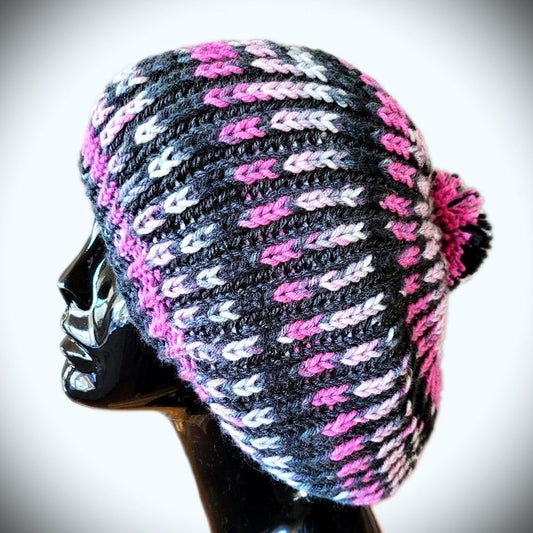 Gray, Hot Pink & White Tam -  Shop hand knitted warm hats/caps for men, women and kinds online - UNEEKHATS