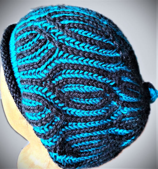 Hand-Knitted Hat in Brioche style of knitting....Turquoise and Black