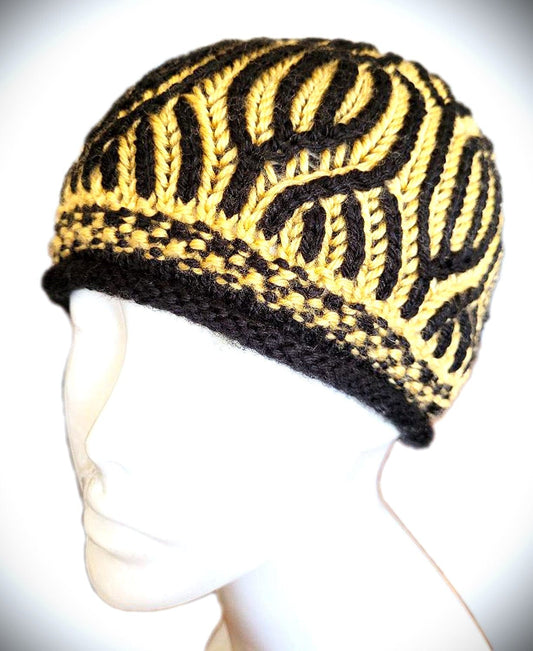 Black and Gold Hat....Brioche style of knitting.