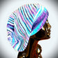 Knitted Cotton Hat. Slouchy Fit. Multicolored Stripes.